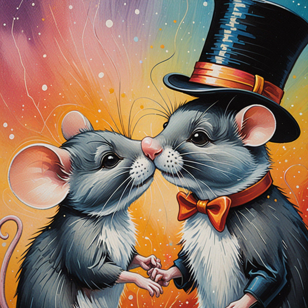 Mouse in Top Hat Kisses Female Companion in Whimsical Acryli...