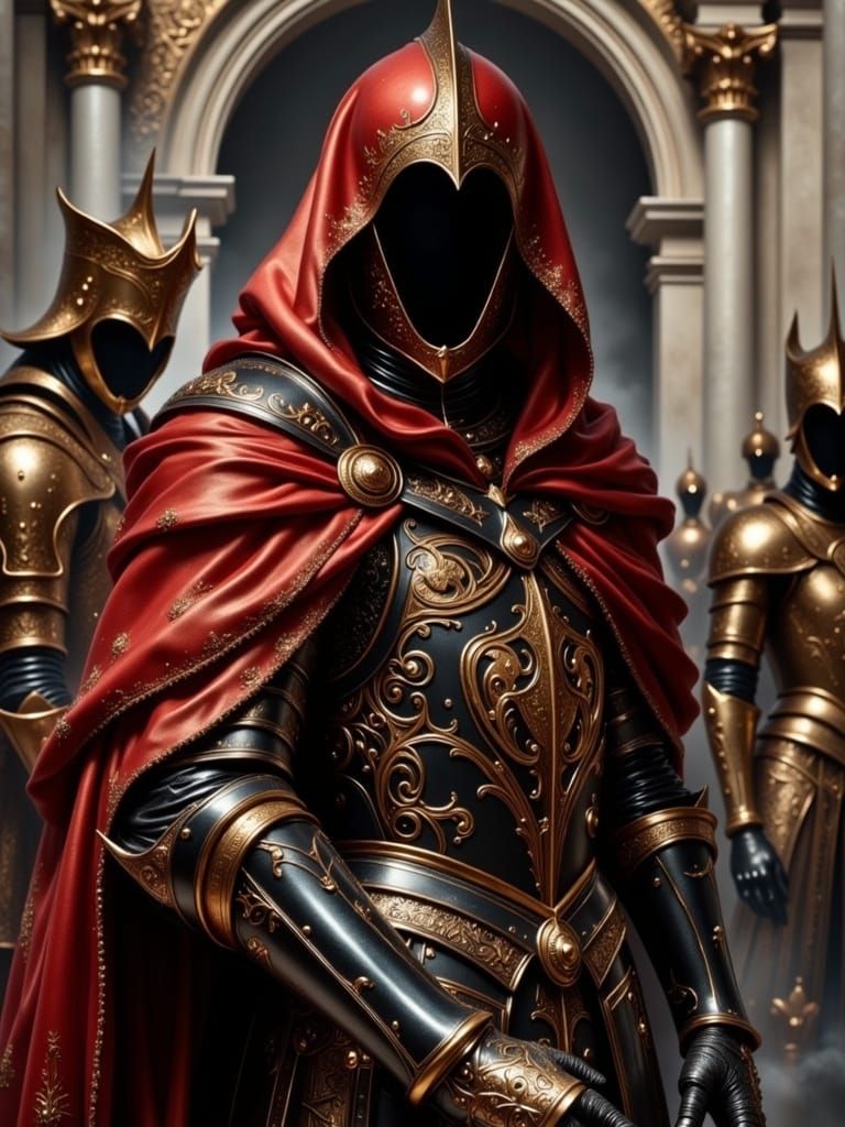 Hooded Knight in Ornate Black Armor with Red Cape