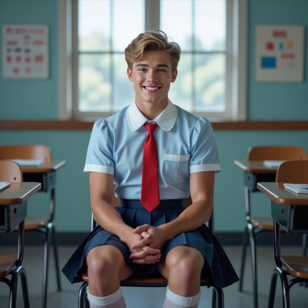 Blond Man Crossdressing in Schoolgirl Outfit