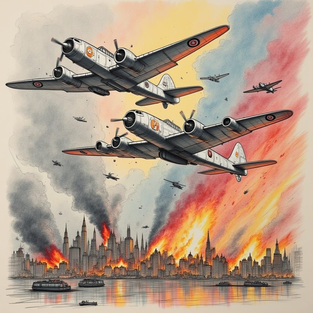 WWII Plane Battle Sketch Above Burning City
