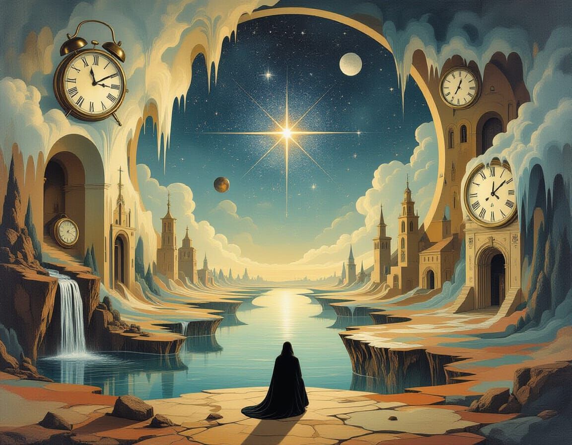 Surreal Dreamlike Landscape with Melting Clocks and Starry V...