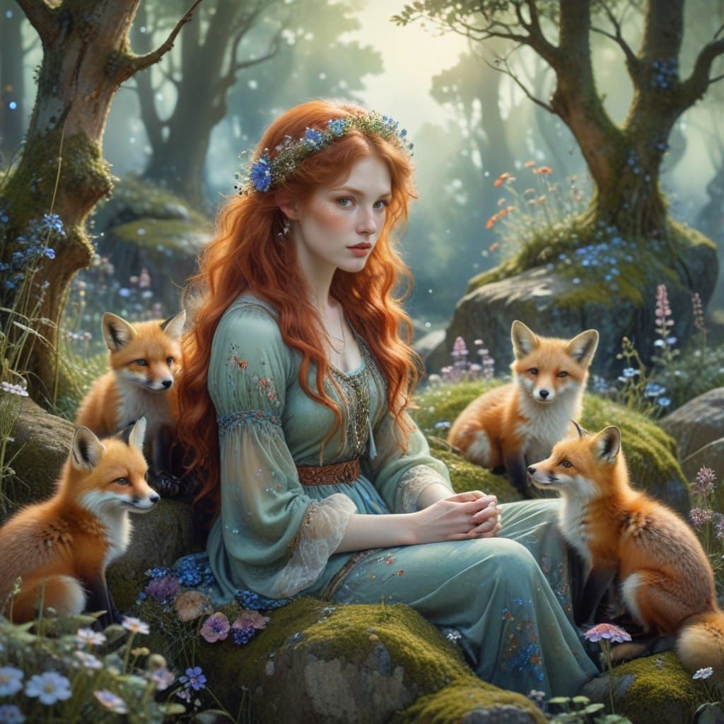 Redhead Woman with Foxes in Watercolor Forest Glade