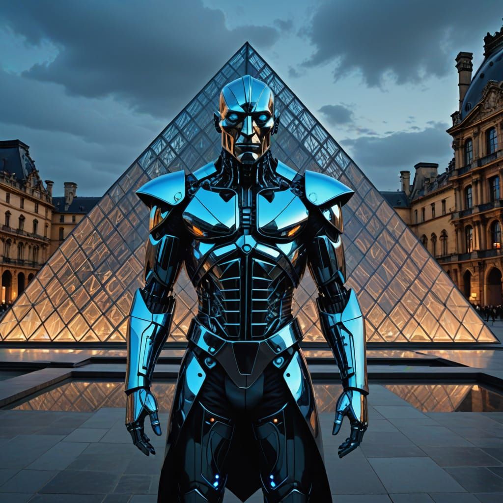 Cyborg Pablo Picasso Standing Before the Louvre in Cubist Cy...