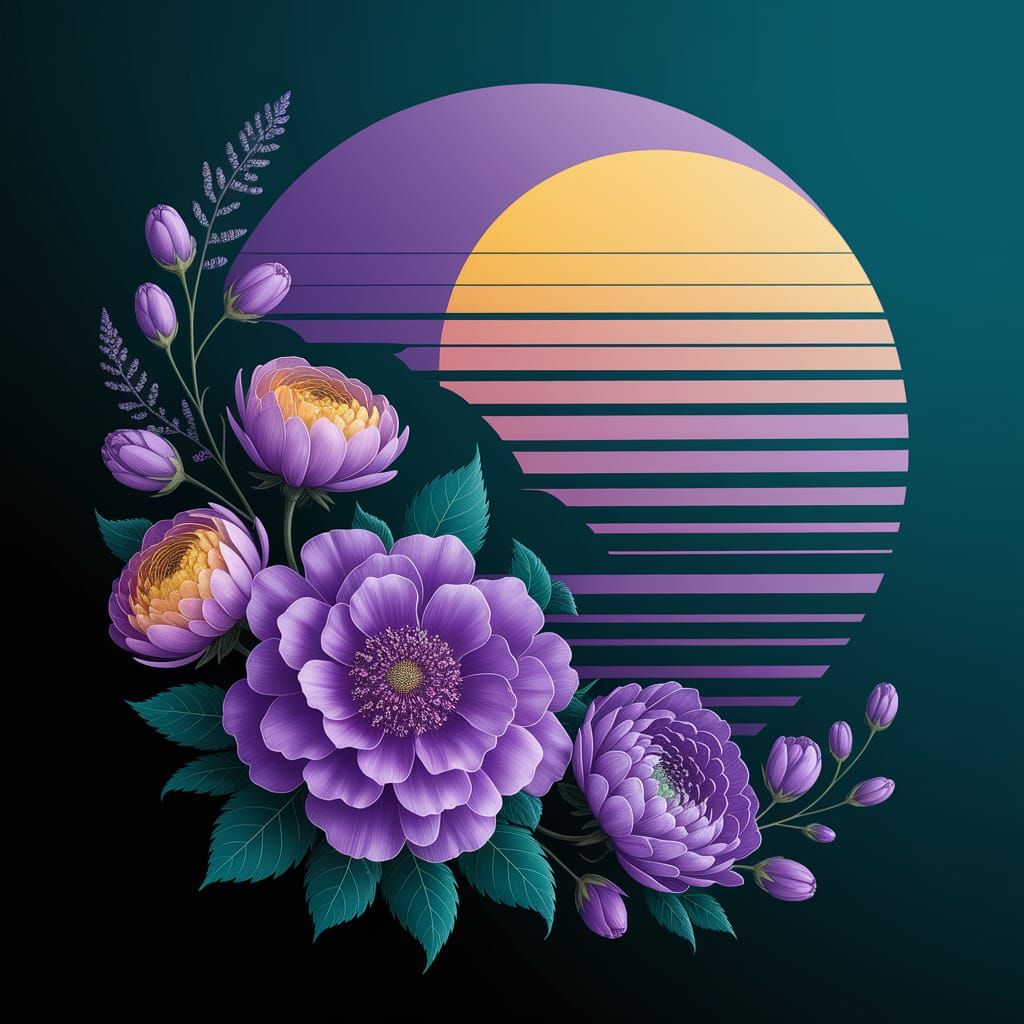 Abstract Floral Surrealism in Sunset Purple and Teal