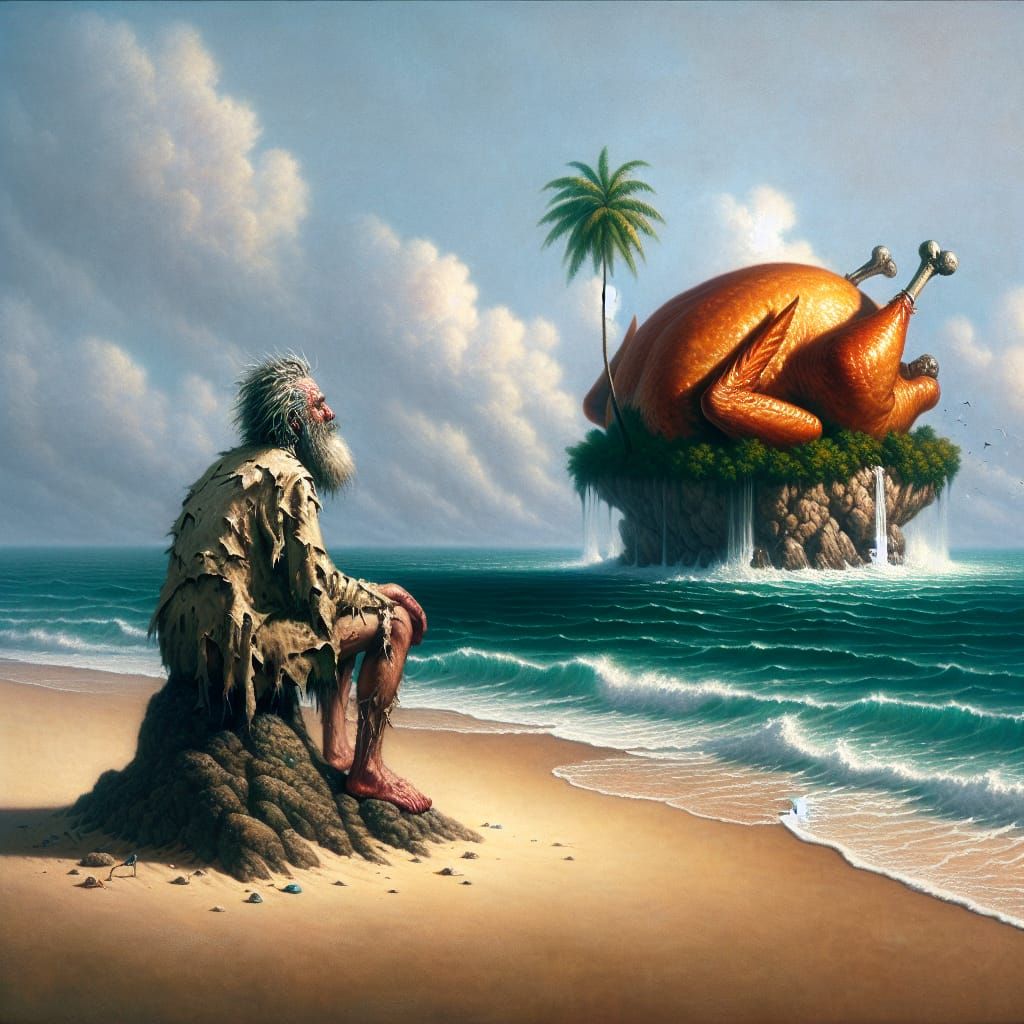 Surreal Castaway Gazes at Turkey Island, Oil Painting