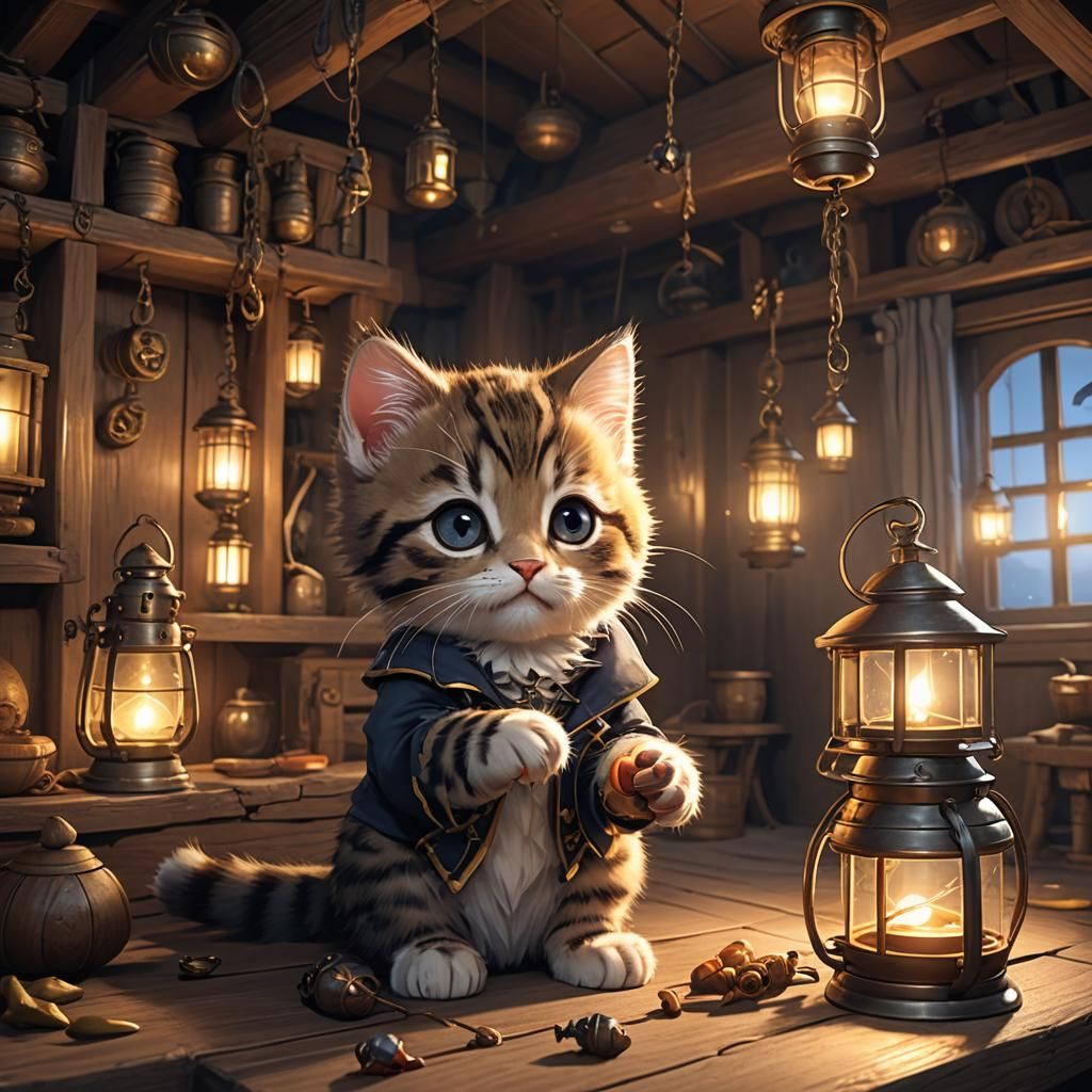 Kitten and Firefly in Pirate Cabin: 3D Anime Art