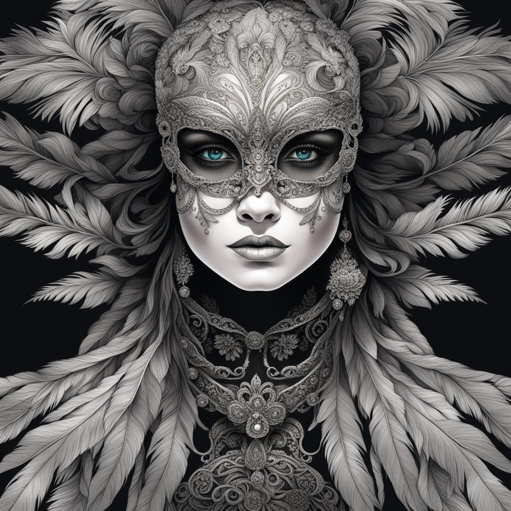 Luminescent Woman in Feather Mask, Astral Illustration