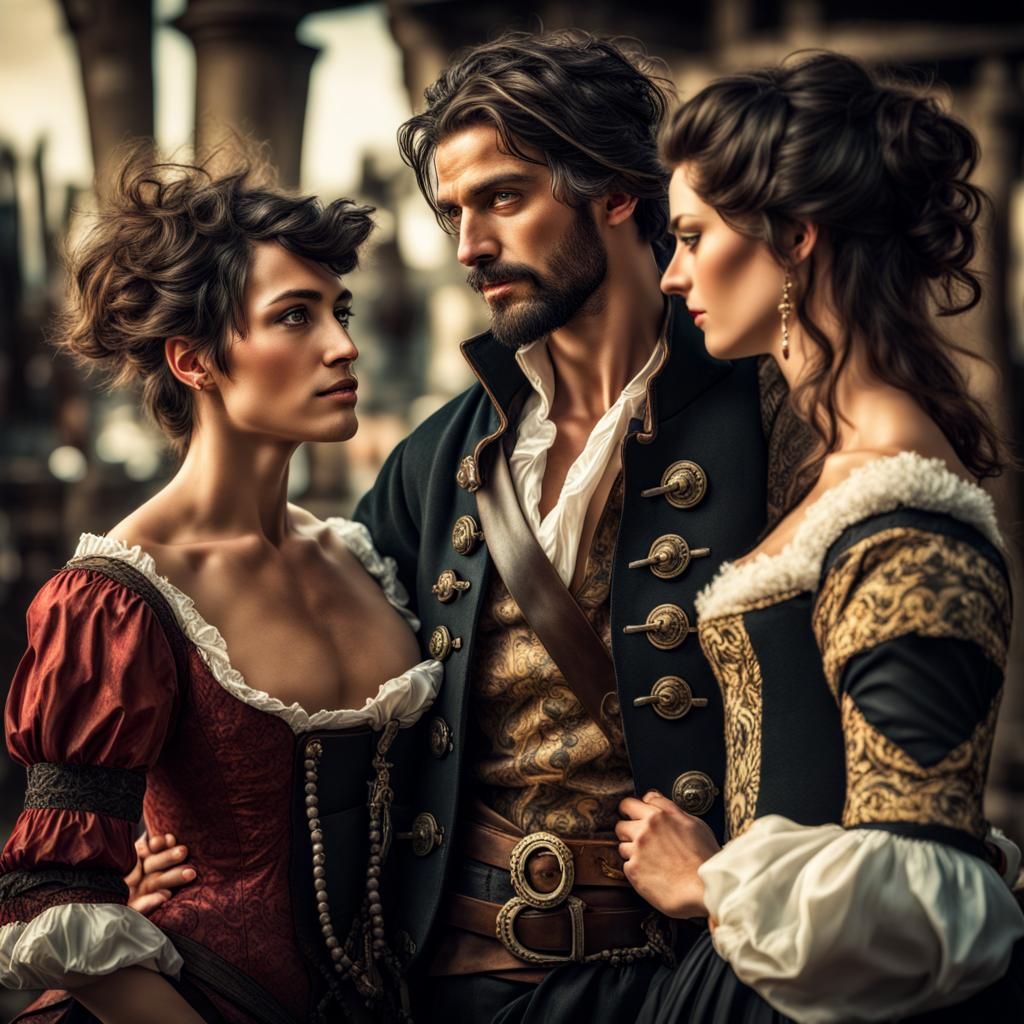 Flirting Pirate and Noble Ladies in Hyperreal Detail