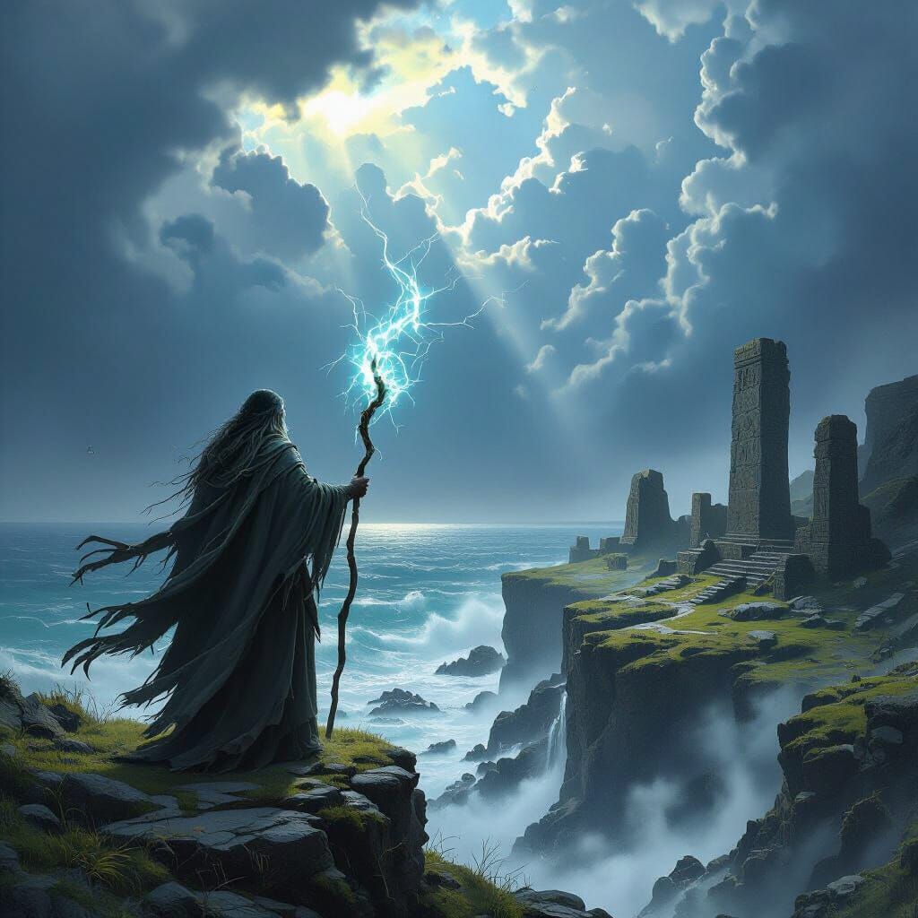 Druid Oversees Celtic Ruins Under Tempestuous Sky
