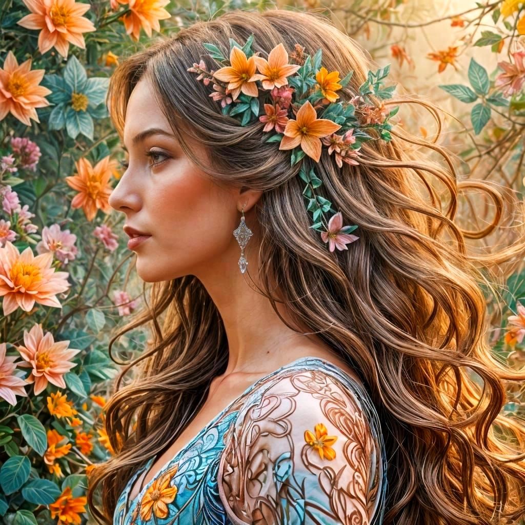 Woman in Garden with Abstract Fractal Elements