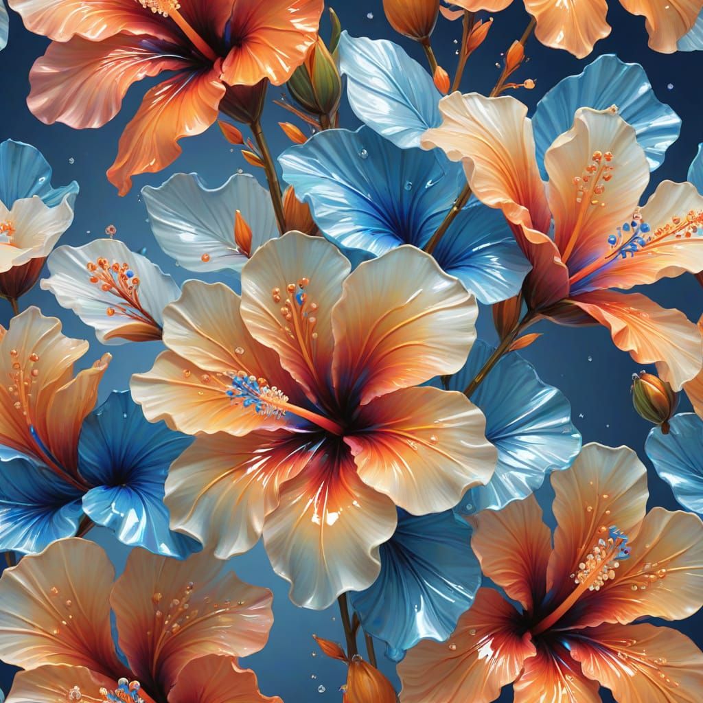 Shimmering Crystal Hibiscus Flowers in Blue and Orange