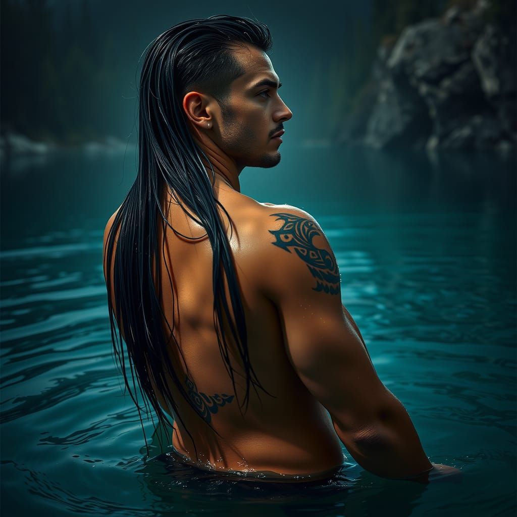 Midnight Pond: Athletic Man with Long Hair