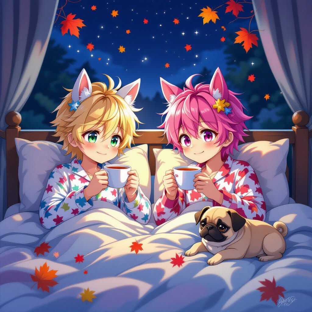 Anime Guys with Horse Ears Enjoying Tea in Pajamas