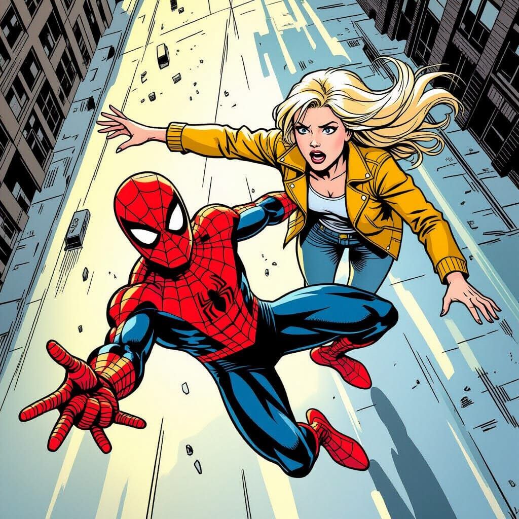 Spider-Man Falling, Gwen Stacy Reaching Out in Comic Style