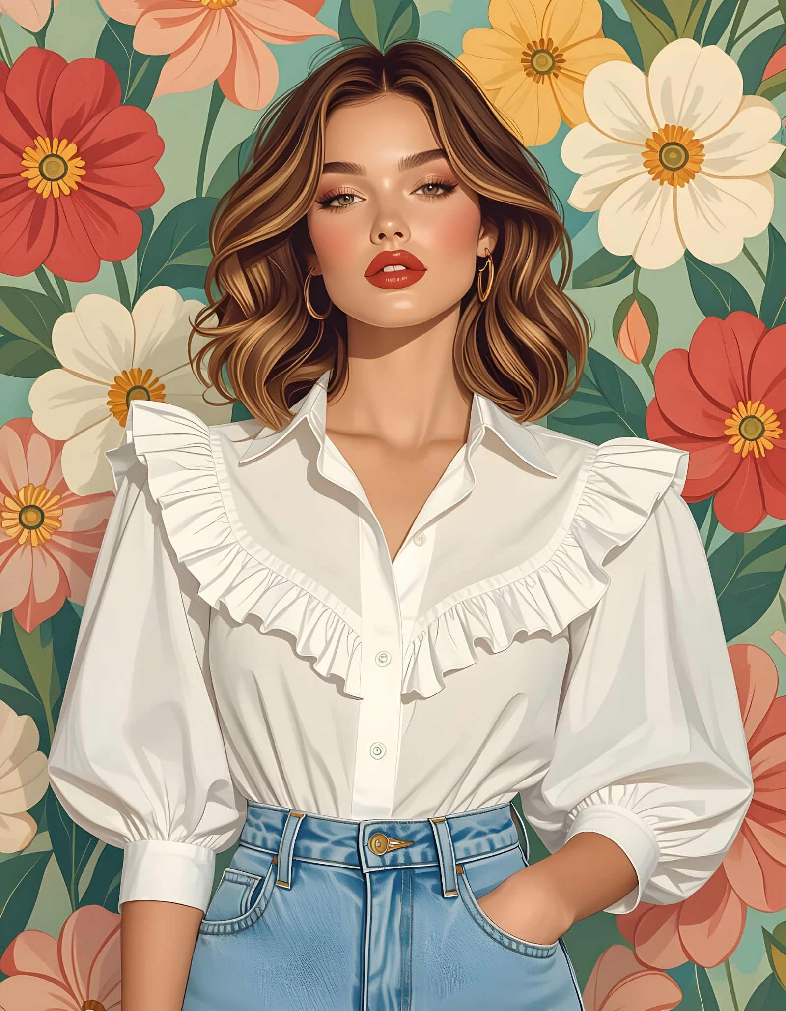 Elegant Woman in Floral Setting, Art Nouveau Pop Art Style