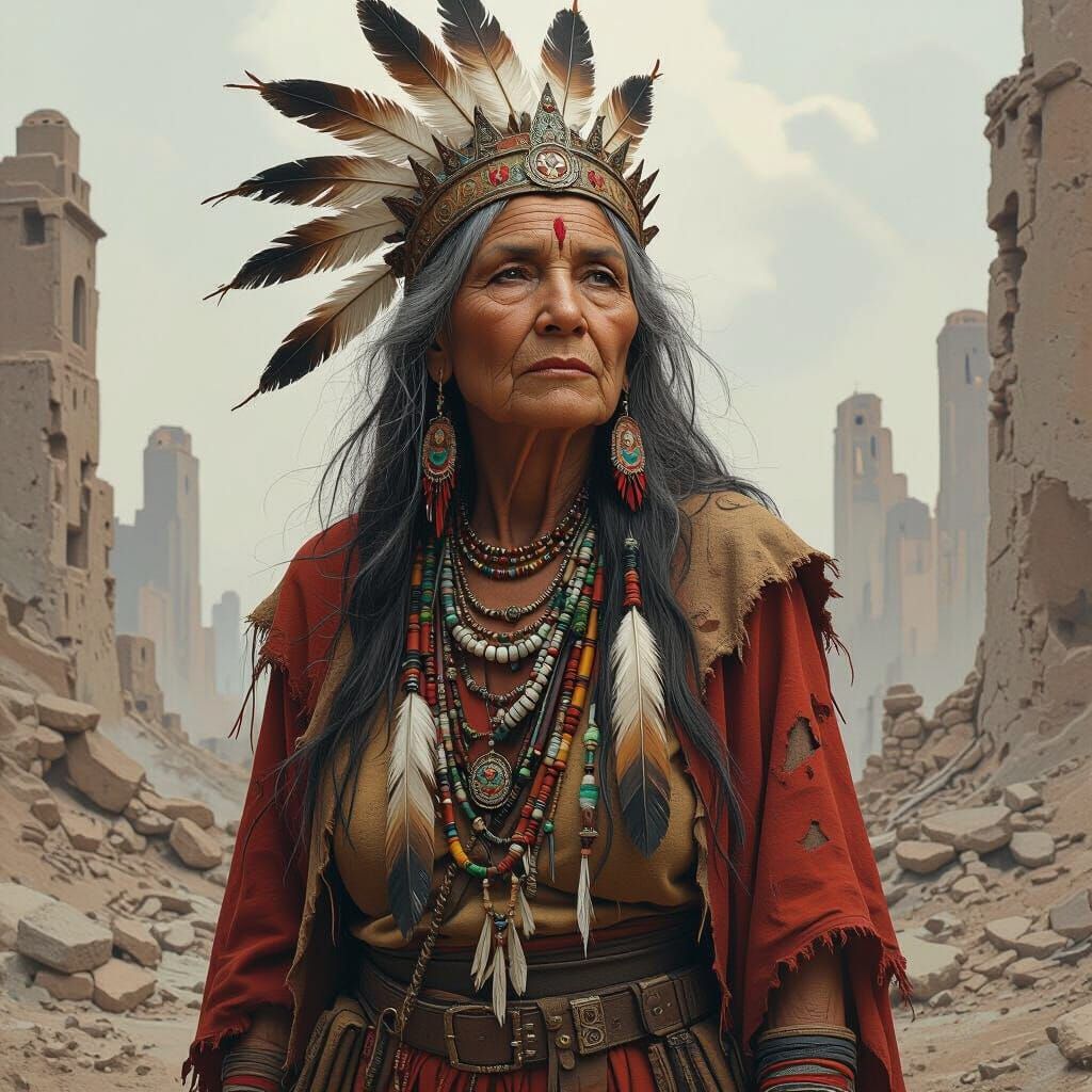 Indigenous Woman in Ruined City, Dystopian Art Style