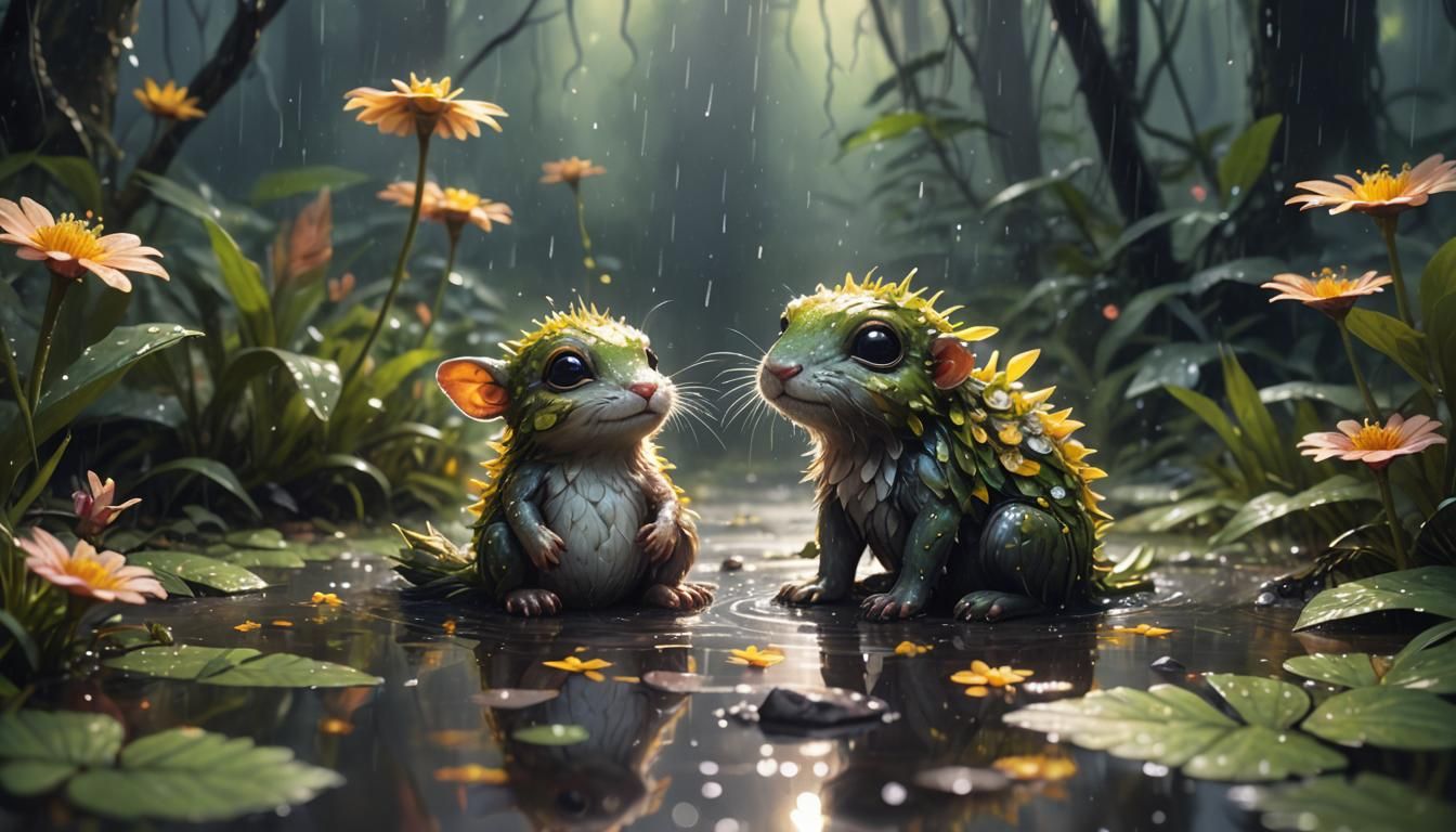 Cute Creature in Sunlit Puddle, Detailed Oil Painting