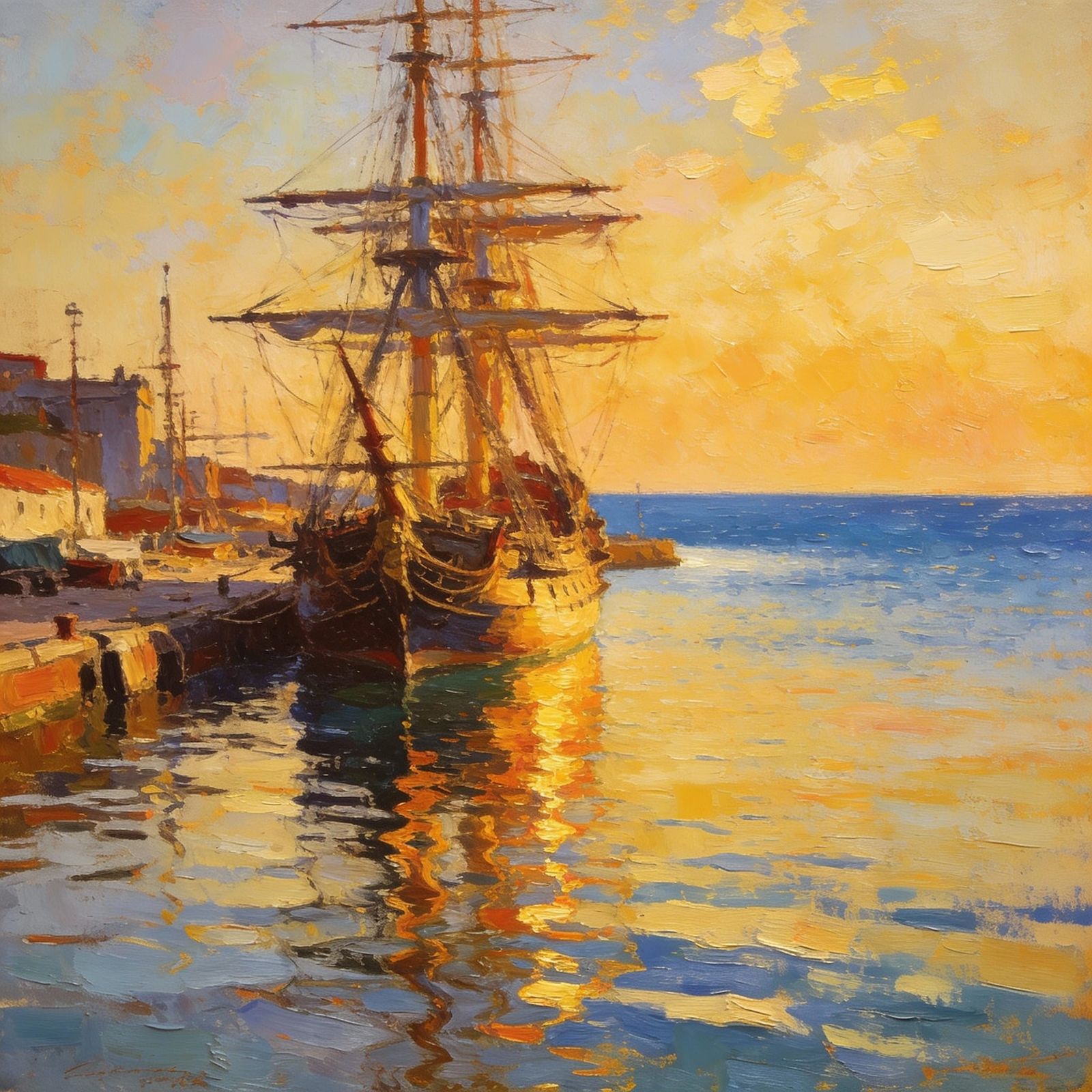 Old Galleon in Harbor: Oil Painting Masterpiece
