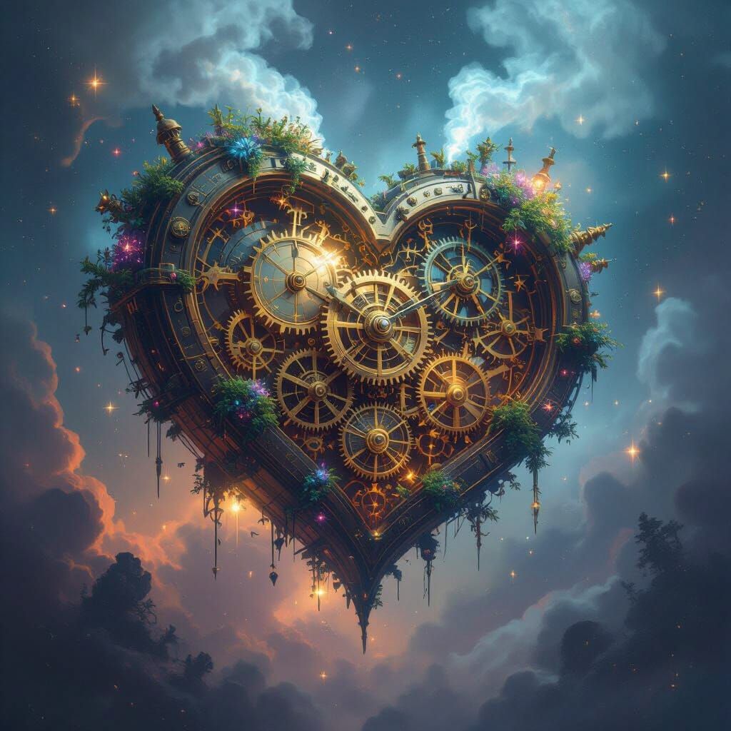 Clockwork Heart in Cosmic Nebula, Fantasy Concept Art Style