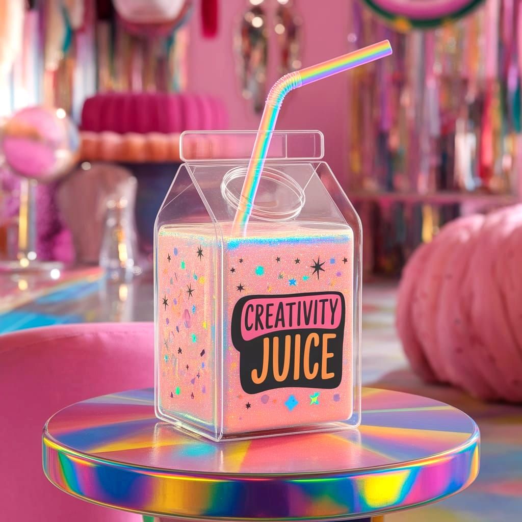Surreal Holographic Juice Box in Whimsical Colorful Space