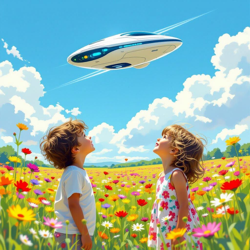 Children Gaze at Spaceship in Flower Field