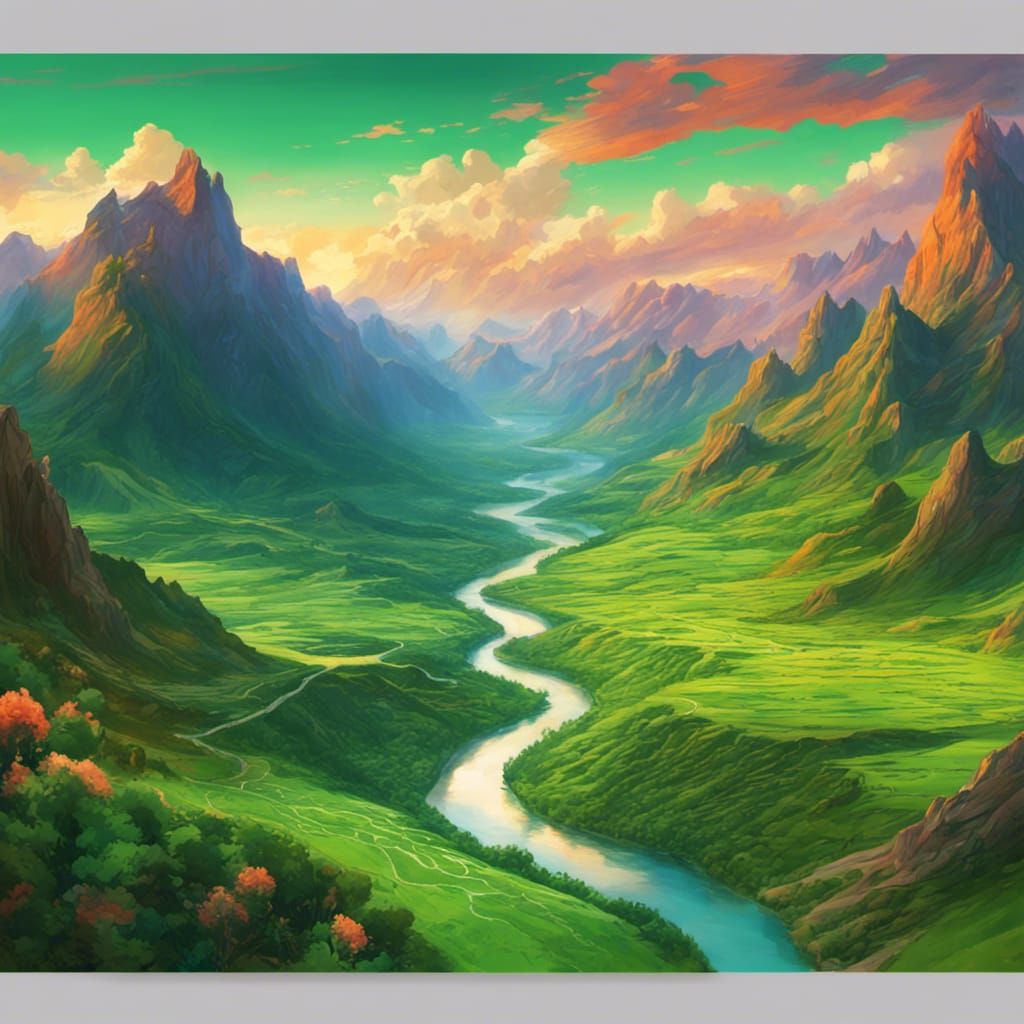 Hyperrealistic Sunrise Over Green Mountain Valley