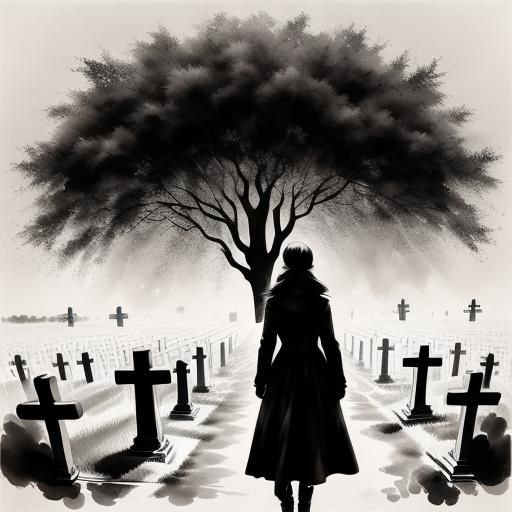 Lonely Woman Silhouette in Cemetery: Ink Painting