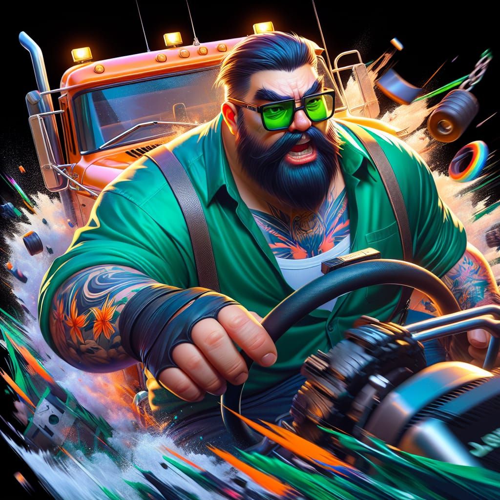 Asian Man Driving Recovery Truck, Cartoon Matte Painting