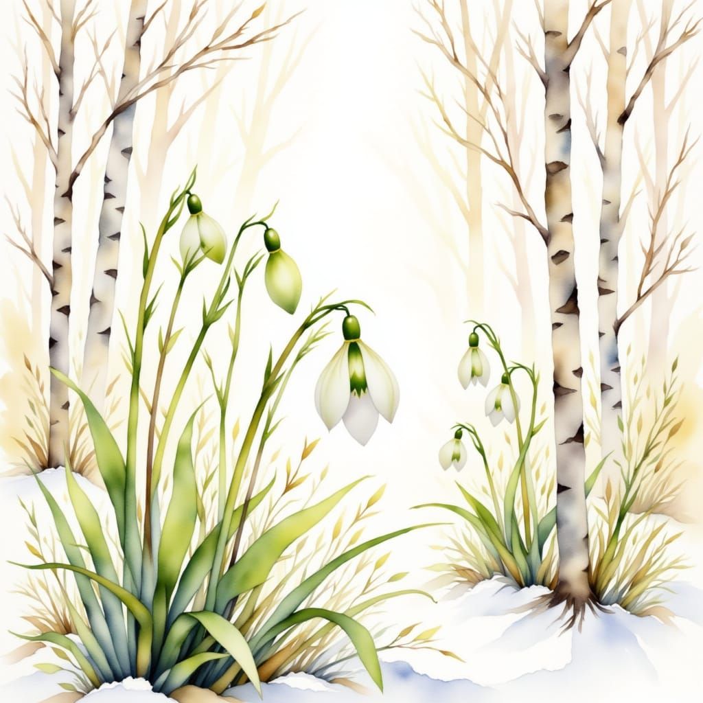 Snowdrops in Watercolor with Silver Birches