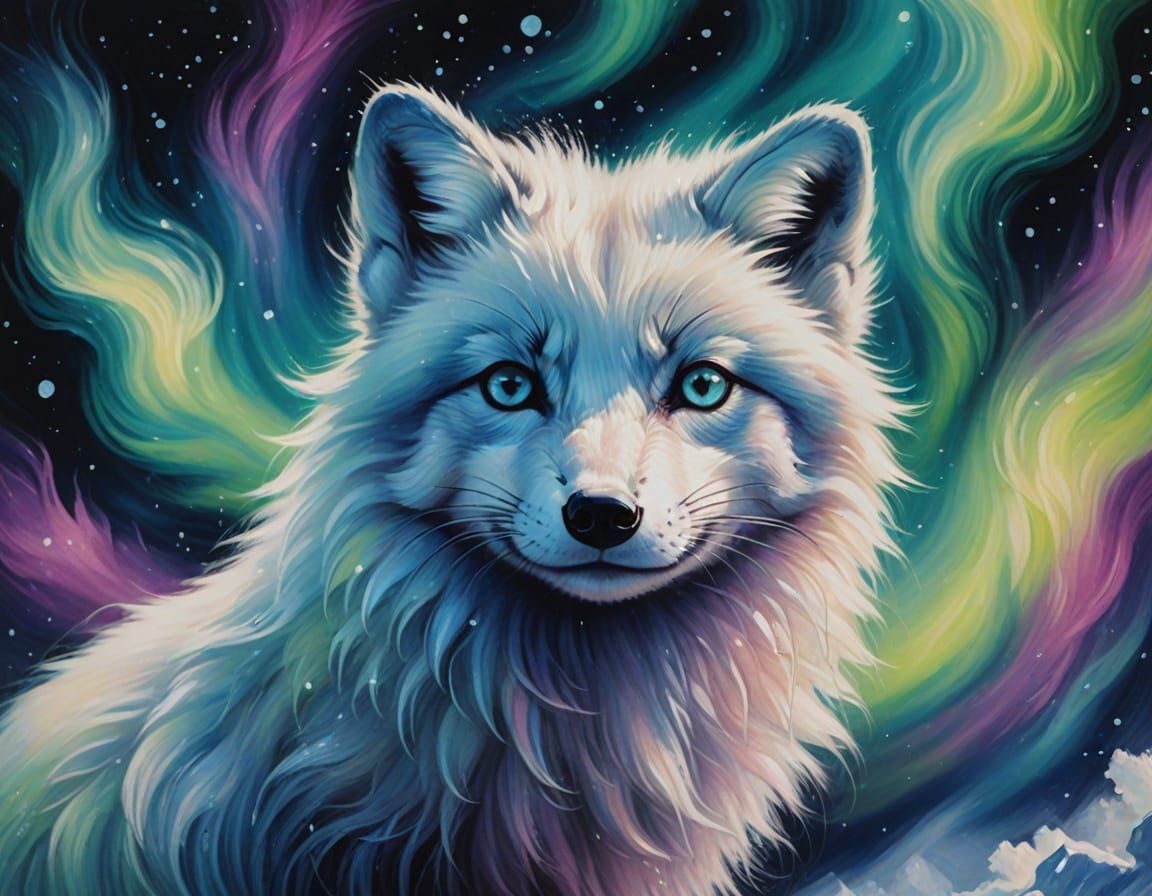 Mystical Arctic Fox Portrait Under Aurora Lights
