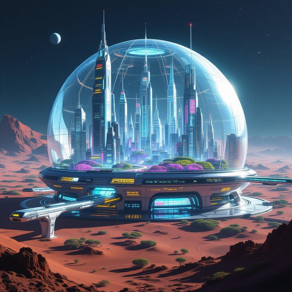 Futuristic Cityscapes Inside Giant Glass Domes on Alien Plan...