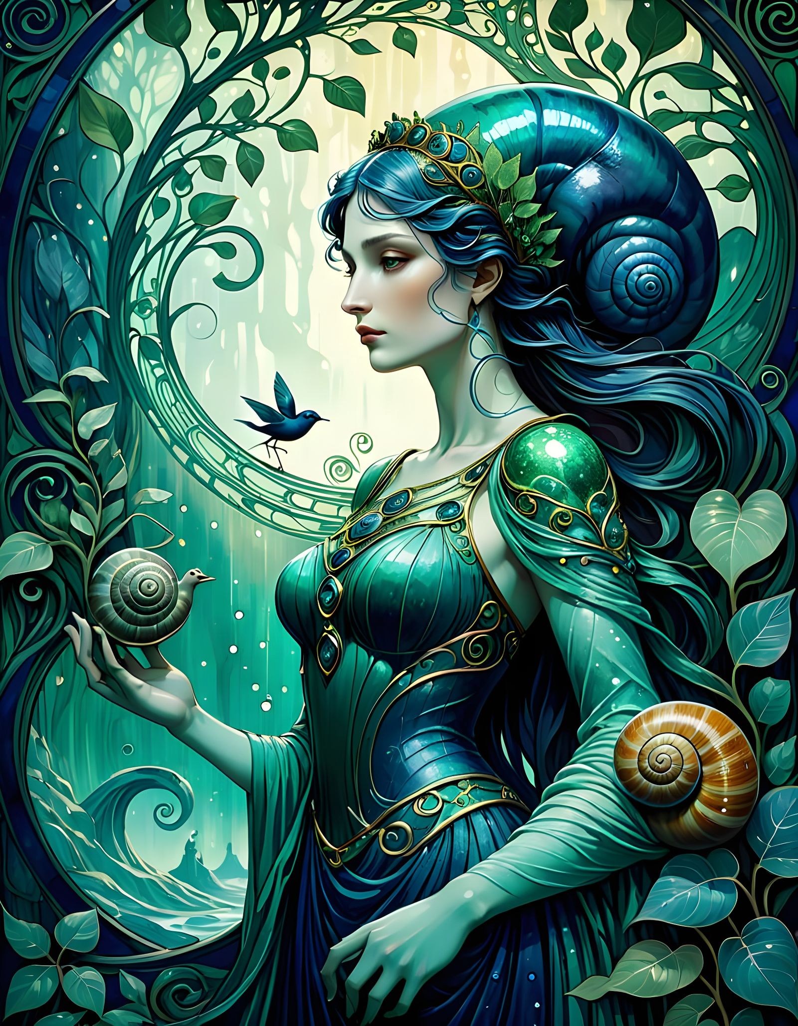 Fantastical Snail Goddess in Whimsical Art Nouveau Style