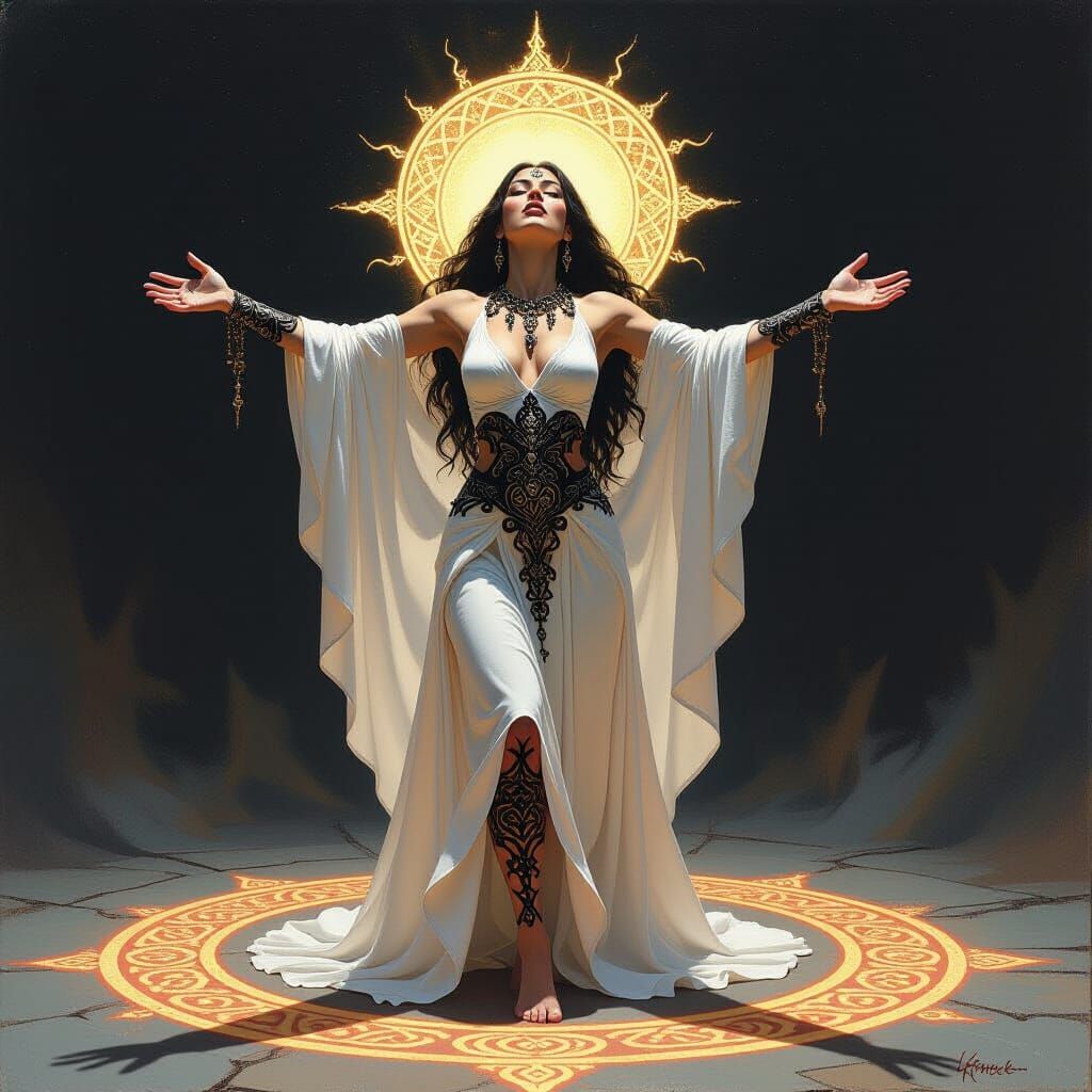 Mystic Woman in Summoning Circle: Fantasy Oil Painting