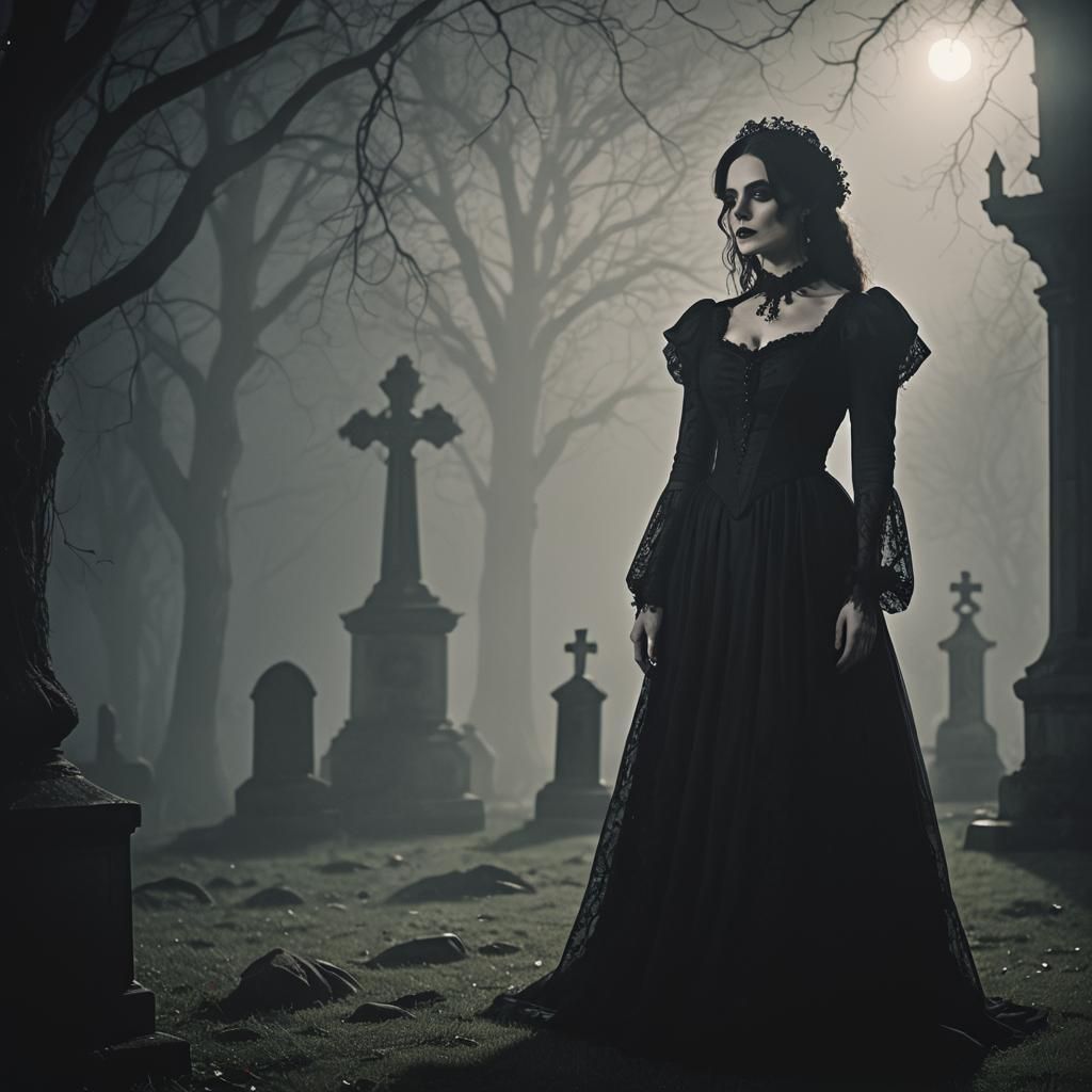 Gothic Victorian Woman in Misty Churchyard at Night