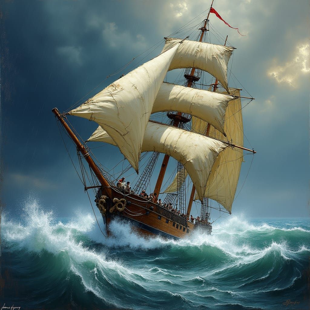 Sailboat in Stormy Sea: A Romantic Era Painting