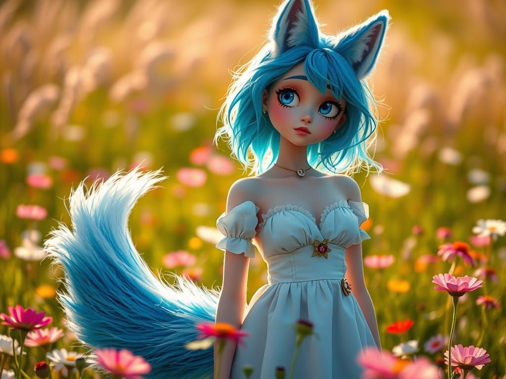 Surreal Fantasy Portrait of a Fox Girl in a Sunlit Meadow