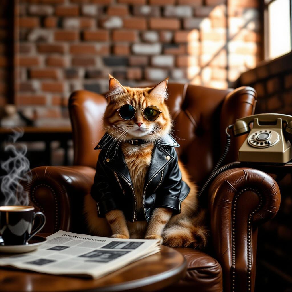 Cool Cat in Leather Jacket: Vintage Industrial Style