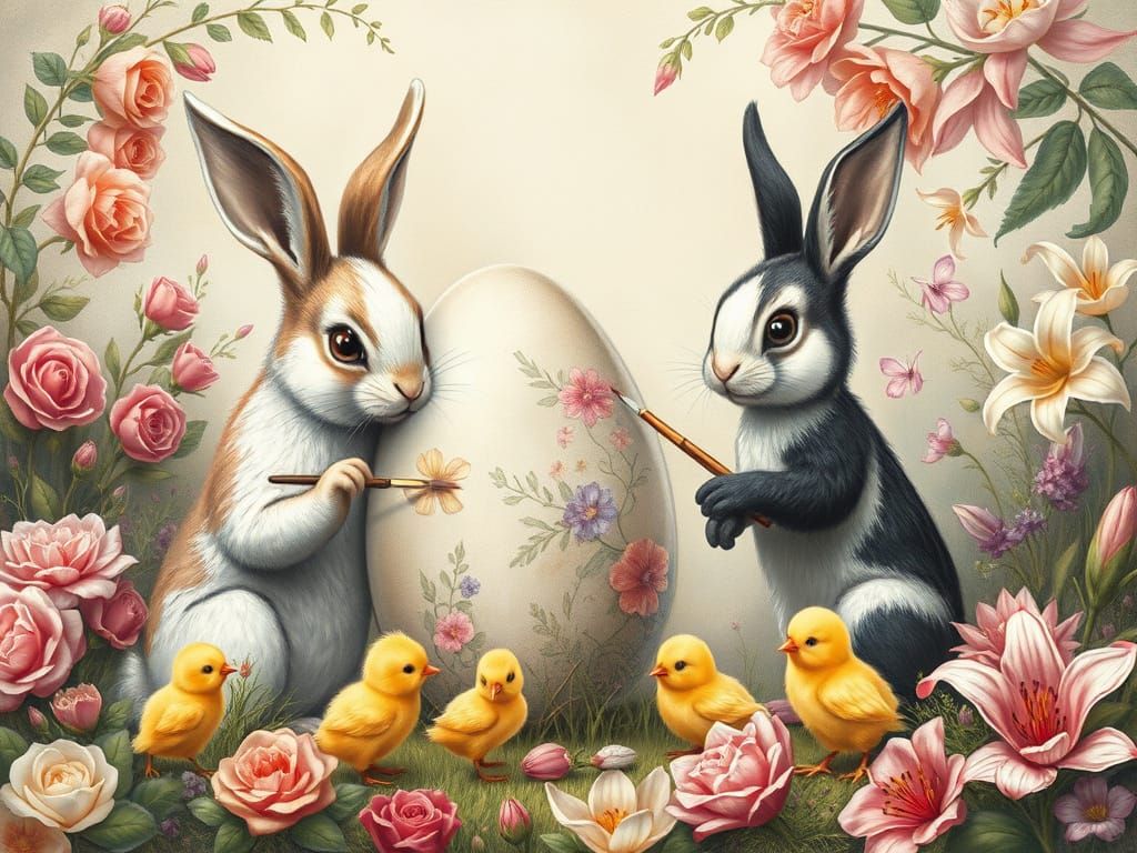 Bunnies and Chicks Paint Easter Eggs, Charcoal Drawing