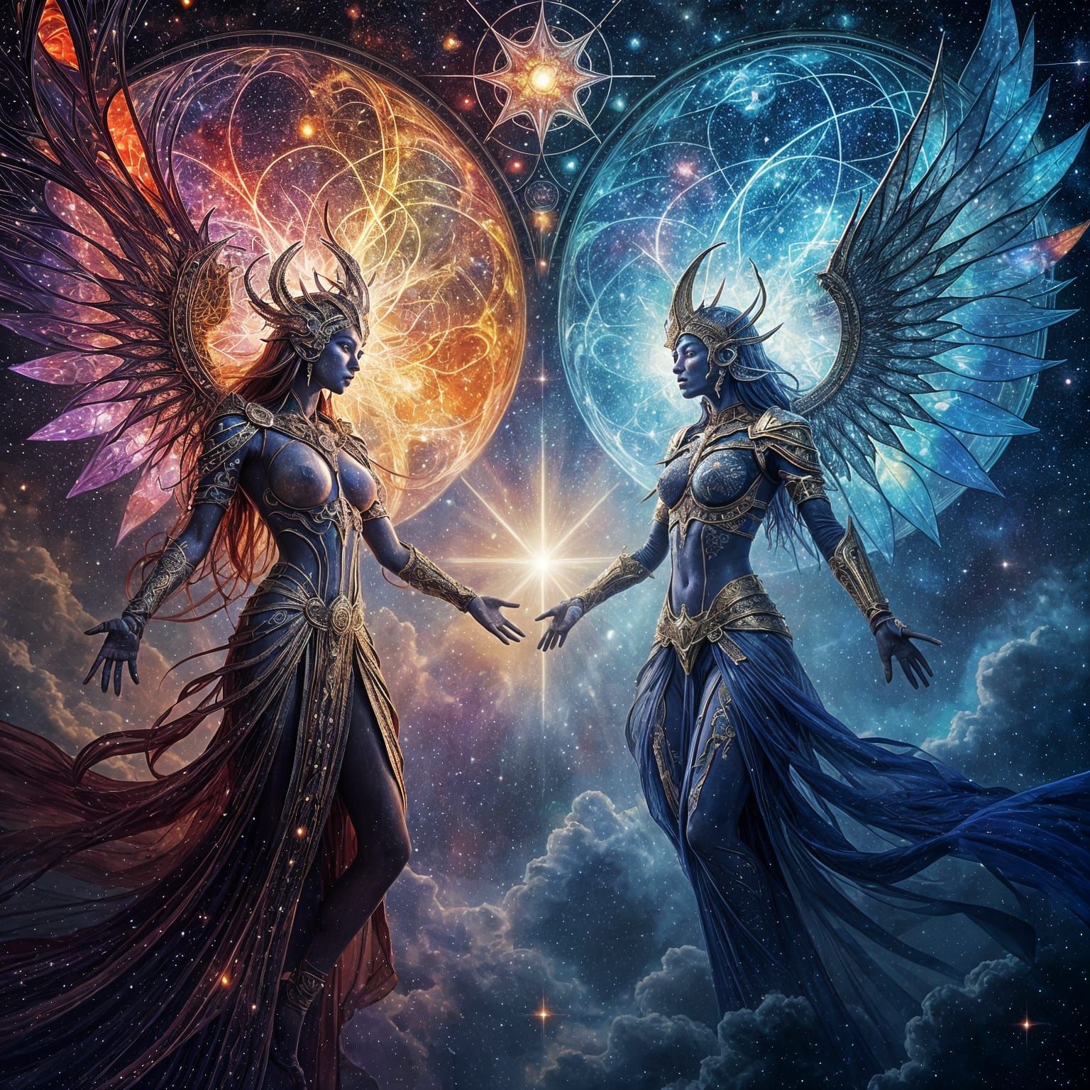 Cosmic Deities Battle in Stained Glass Style