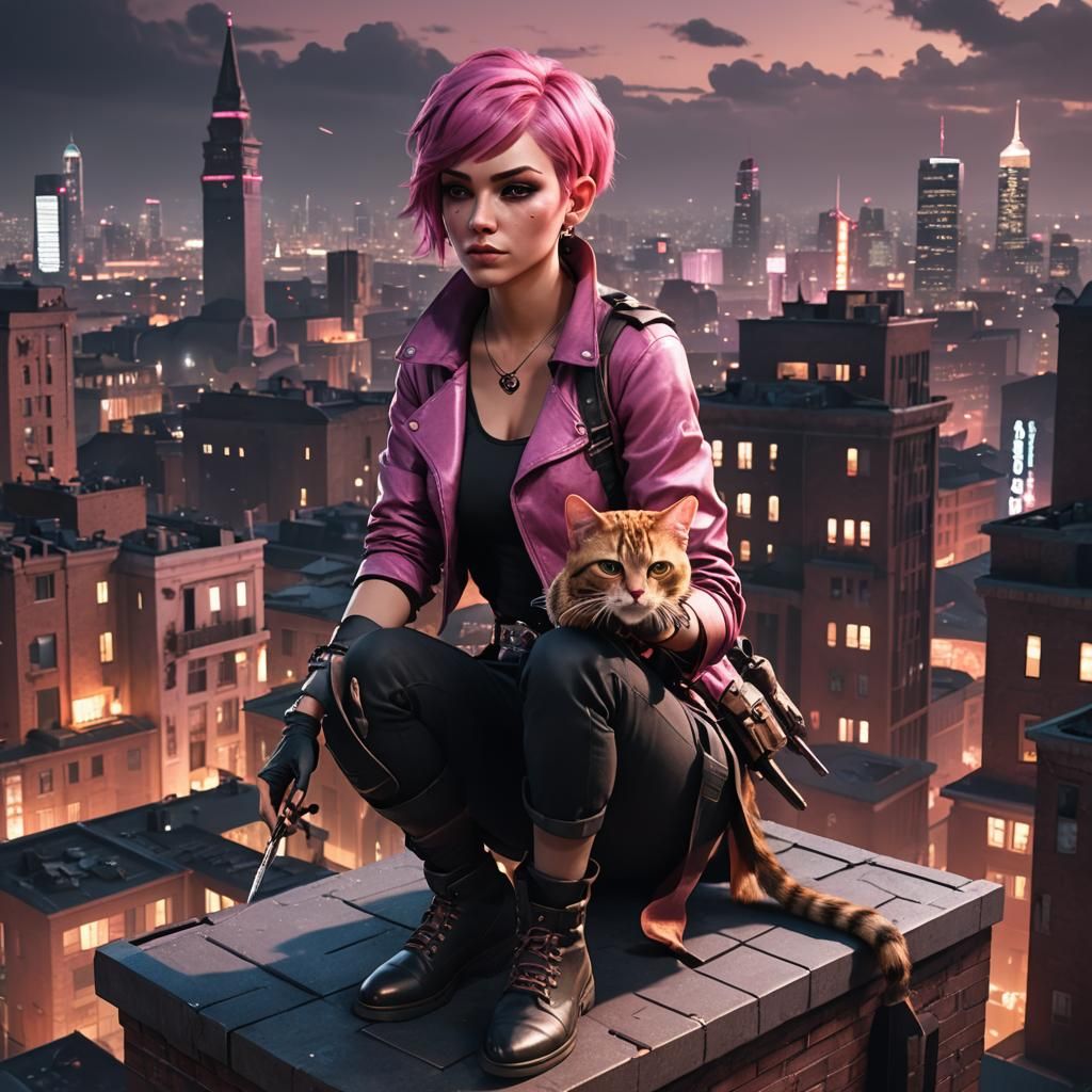 Evil Villain Girl with Cat in Cyberpunk City