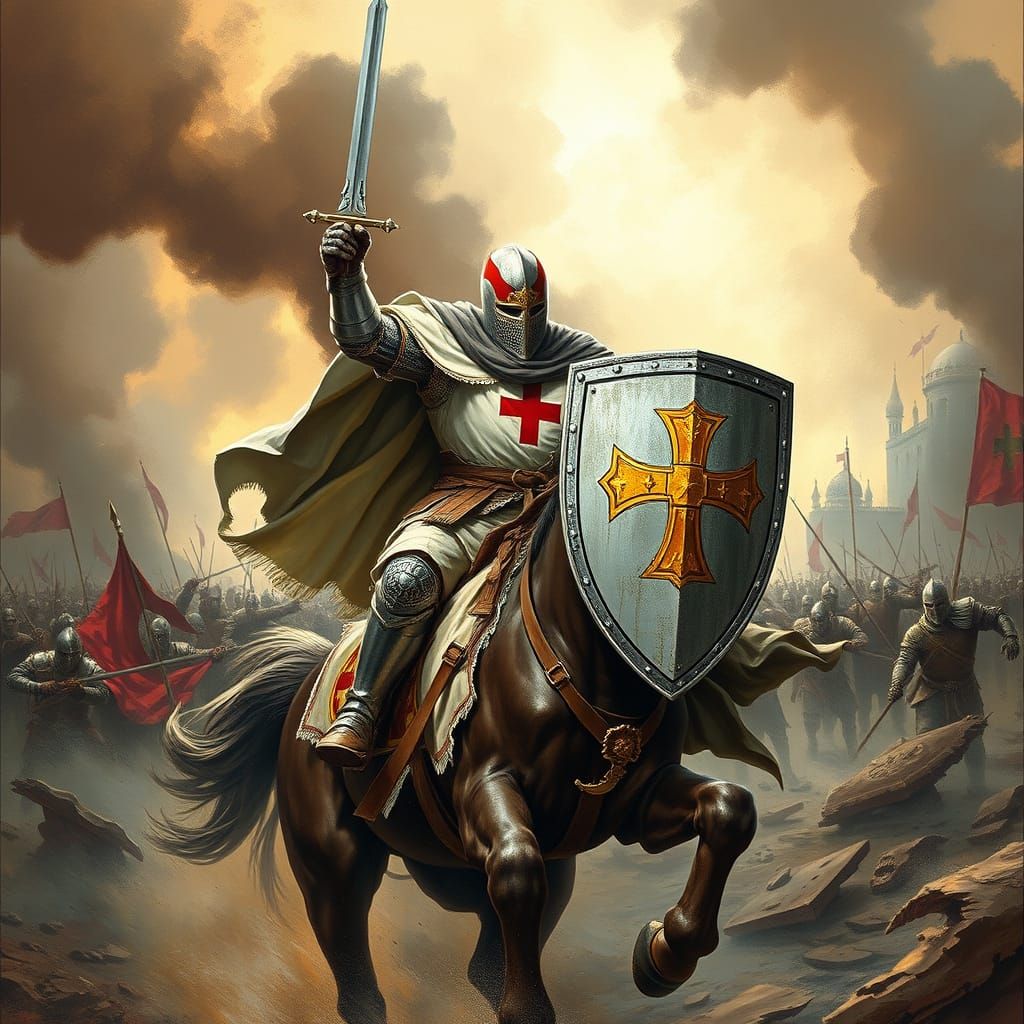 Medieval Knight Charges into Battle with Jerusalem Cross