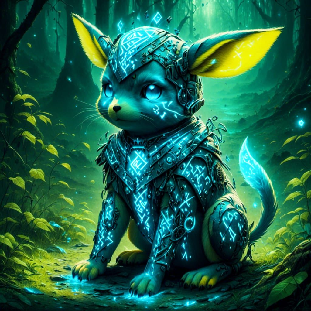 Robotic Pikachu with Glowing Runes in Fantasy Forest