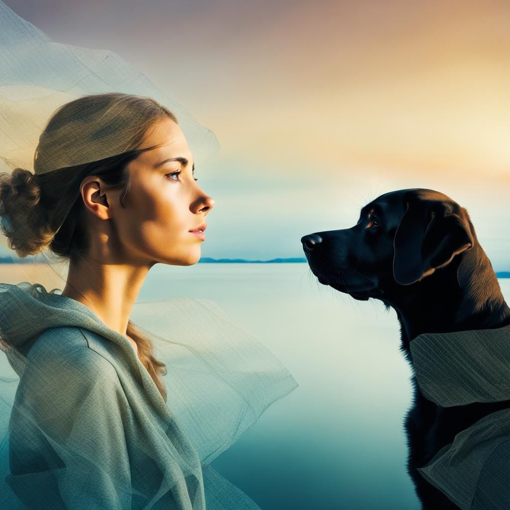 Dreamlike Double Exposure: Woman, Dog, and Bay