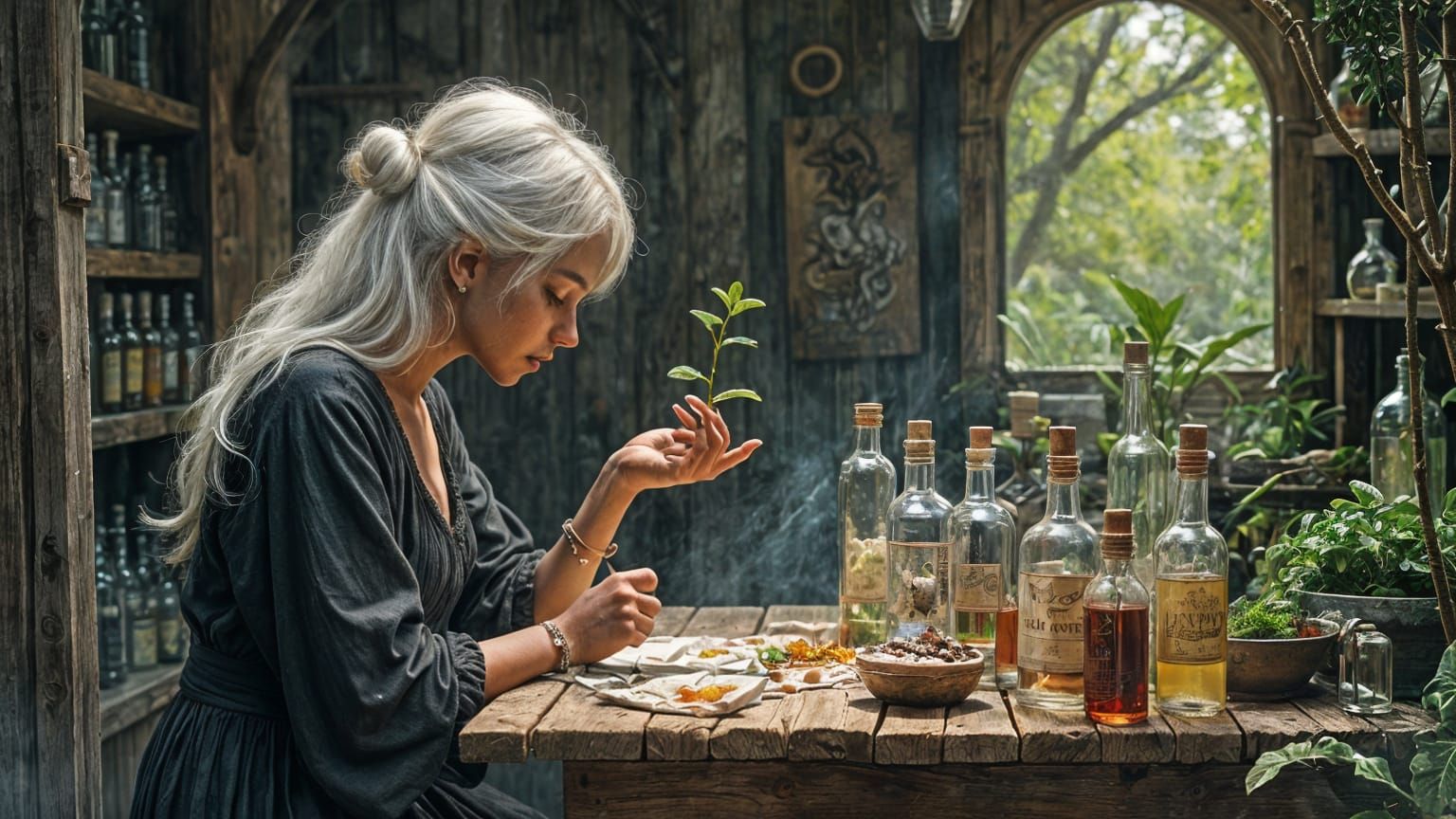 Fairytale Witch Practicing Witchcraft with Silver Leaf