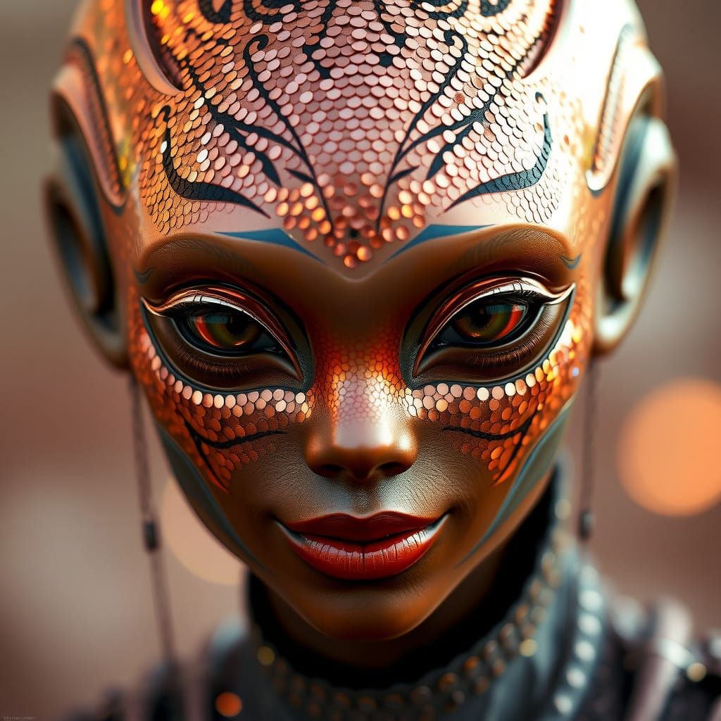 Copper Metallic Alien Portrait in Vibrant Art Deco Style