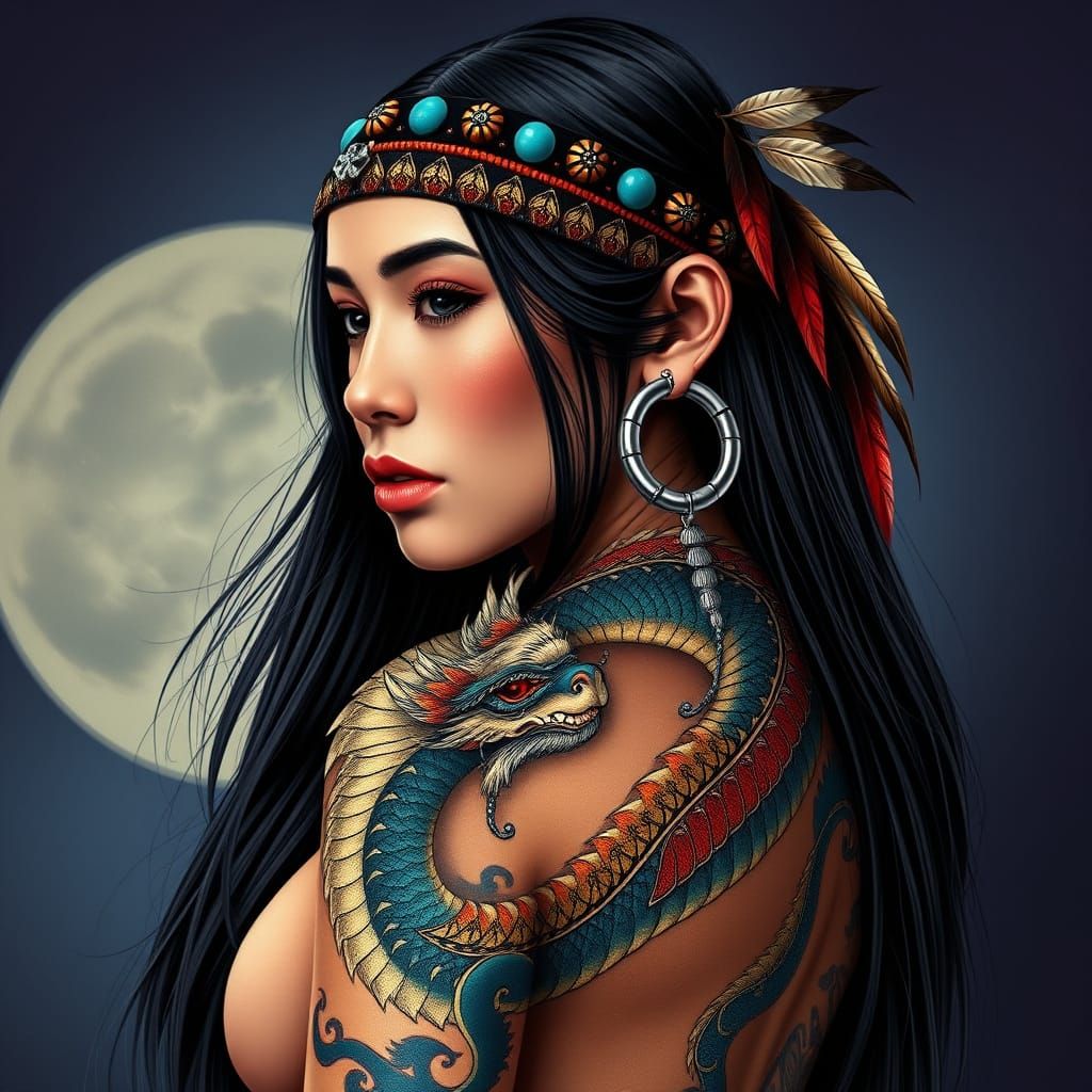 Native American Goddess in Turquoise and Black Tattoo Art