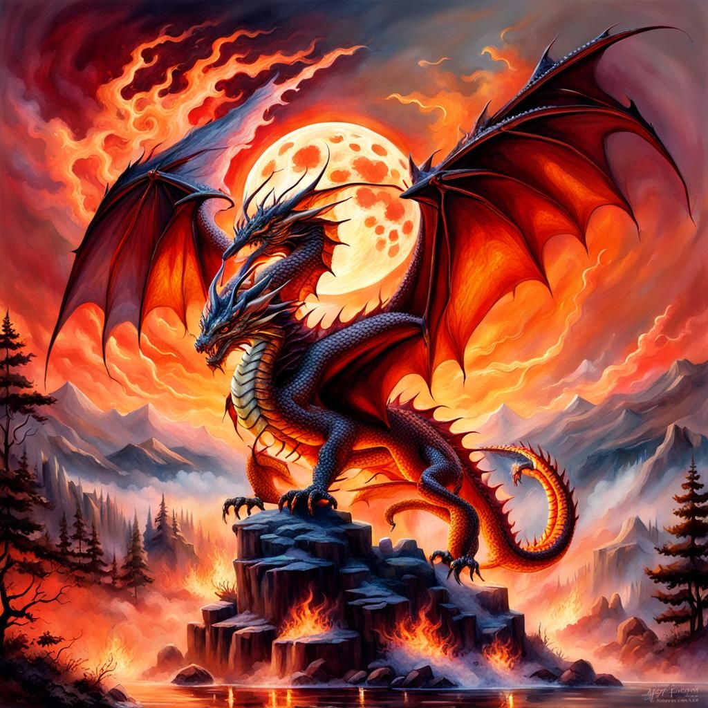 Dragon Flying Before Moon in Watercolor Style