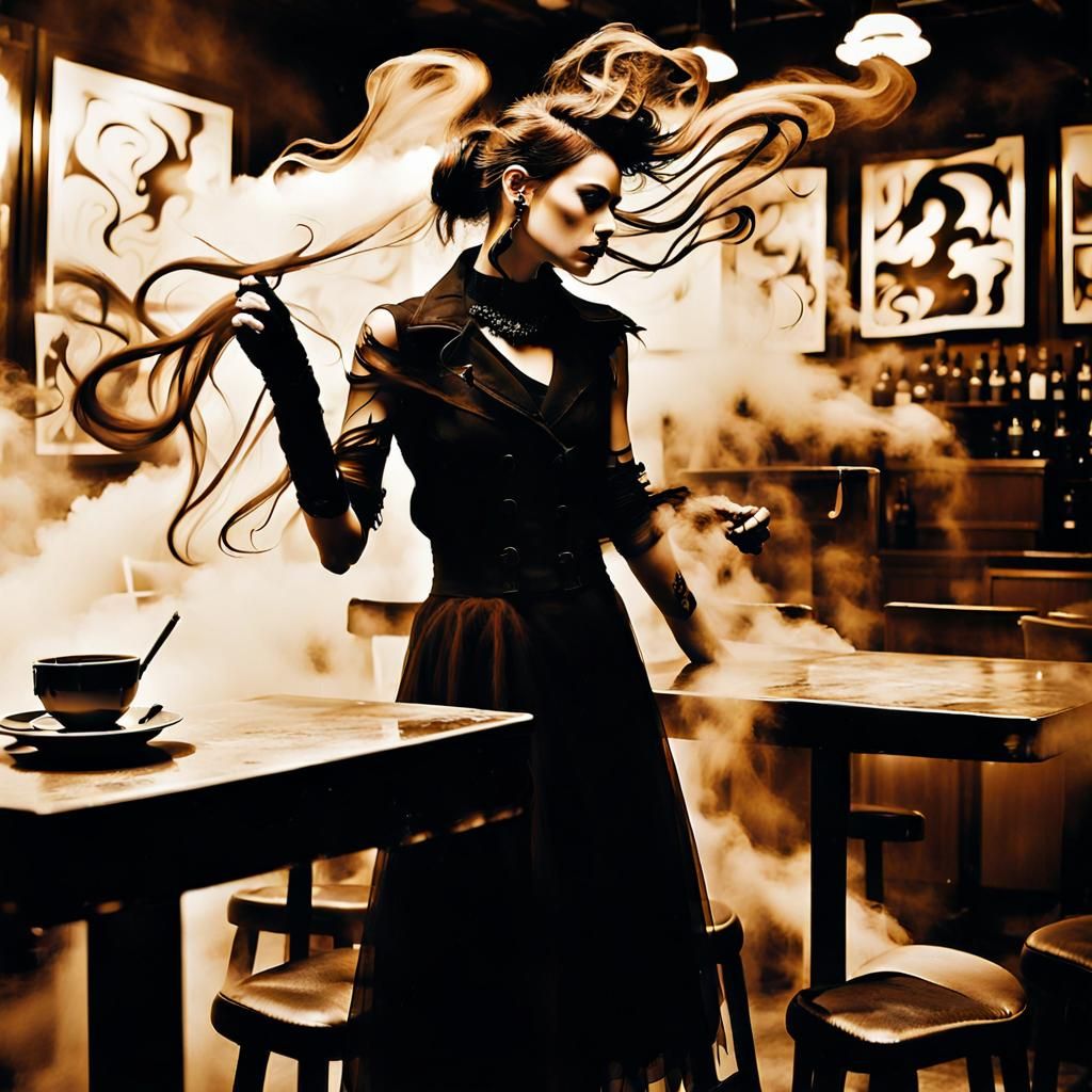 Goth Coffee Shop Vixen in Swirling Fog and Smoke