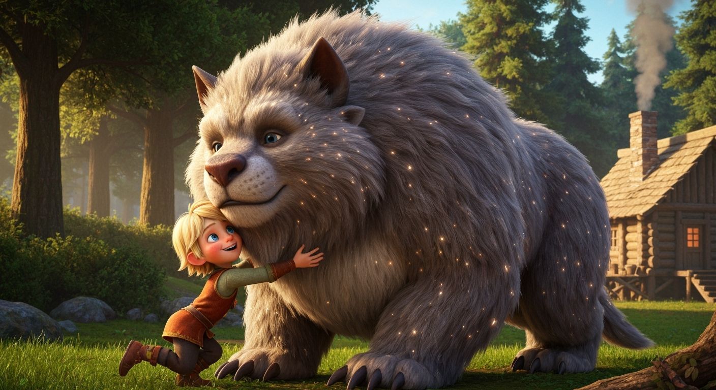 Child and Furry Beast in Enchanted Forest