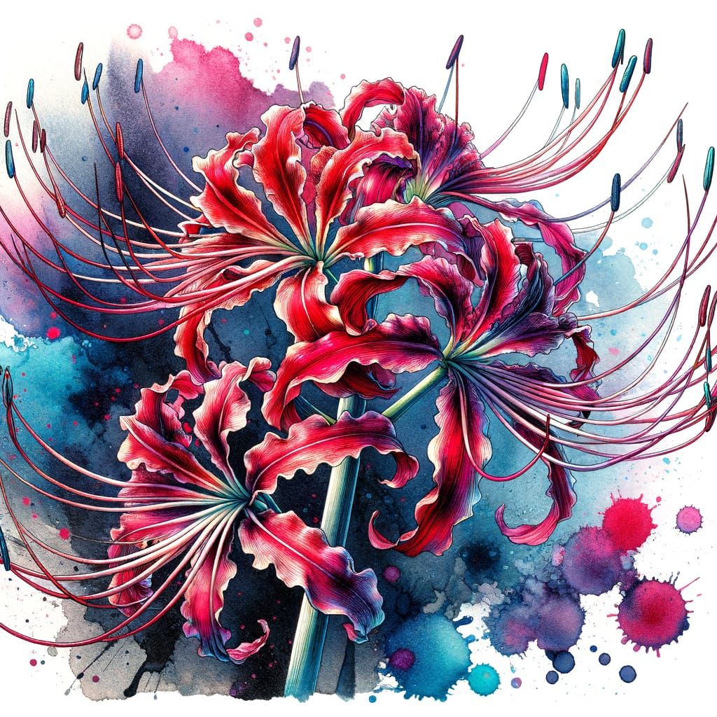 Vibrant Japanese Spider Lilies in Alcohol Ink Style